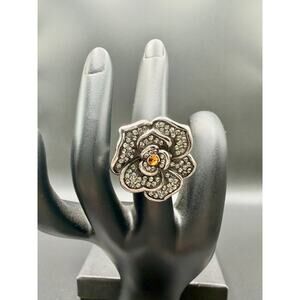 Stainless Steel Crystal Rose Statement Ring with Amber Center – Size 5.25